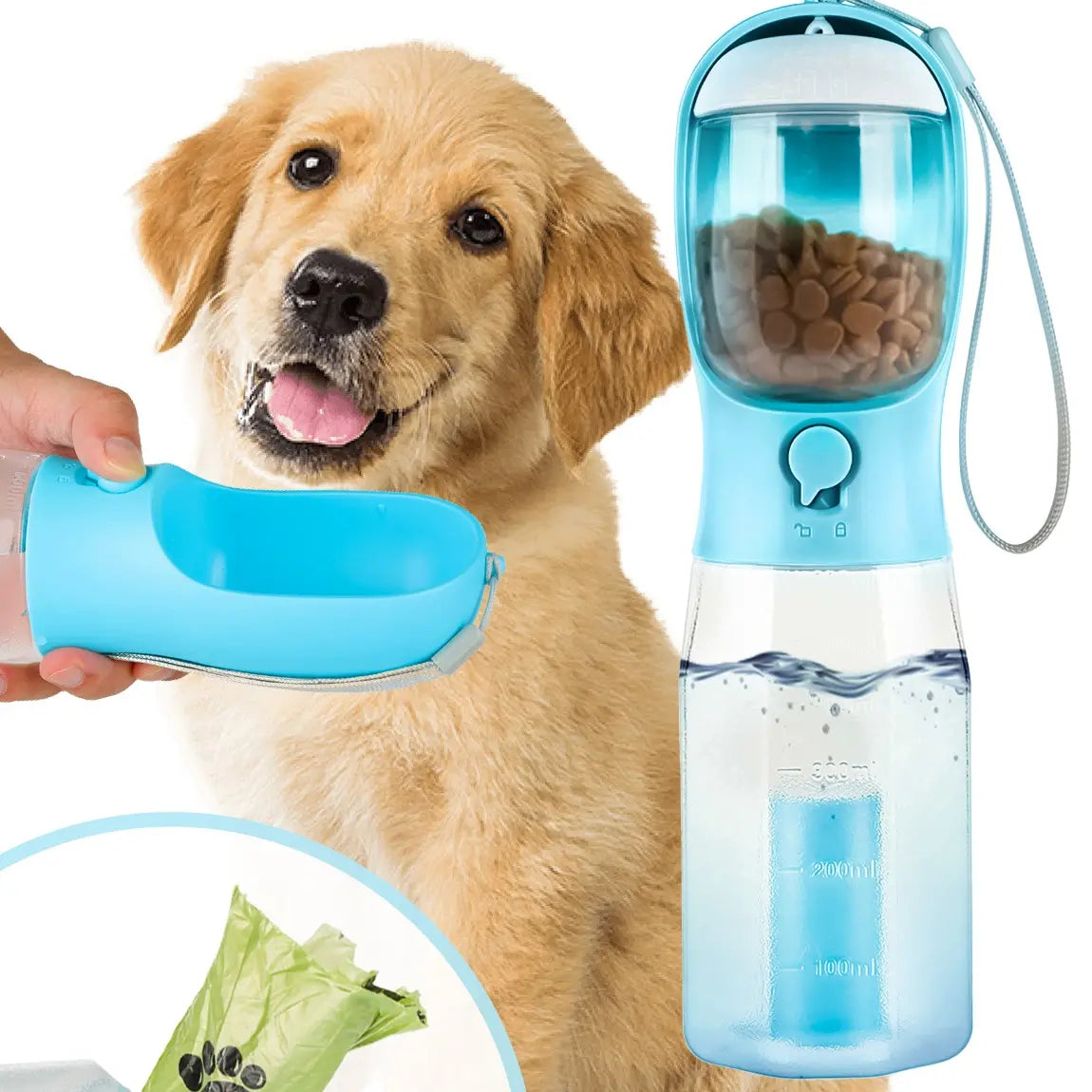 3-in-1 Portable Pet Water Bottle - 20oz Leak-Proof Container with Integrated Poop Bag Dispenser for Travel, Hiking, and Outdoor Activities