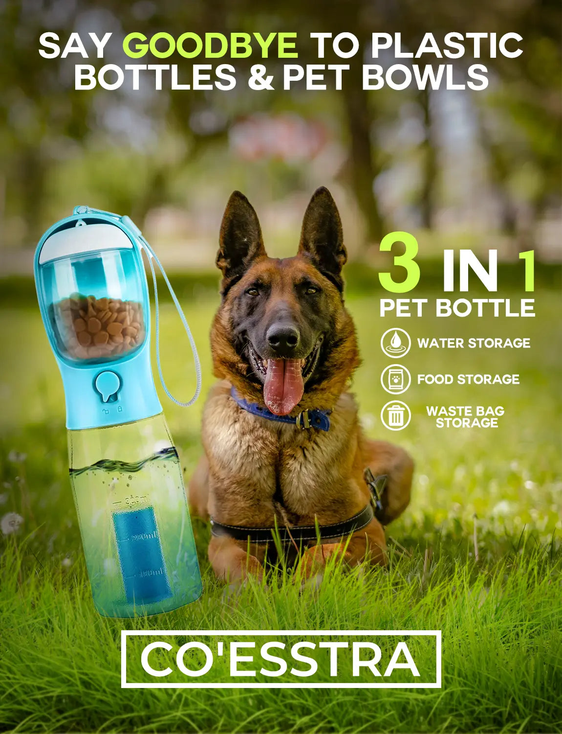 3-in-1 Portable Pet Water Bottle - 20oz Leak-Proof Container with Integrated Poop Bag Dispenser for Travel, Hiking, and Outdoor Activities