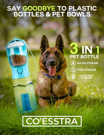 3-in-1 Portable Pet Water Bottle - 20oz Leak-Proof Container with Integrated Poop Bag Dispenser for Travel, Hiking, and Outdoor Activities