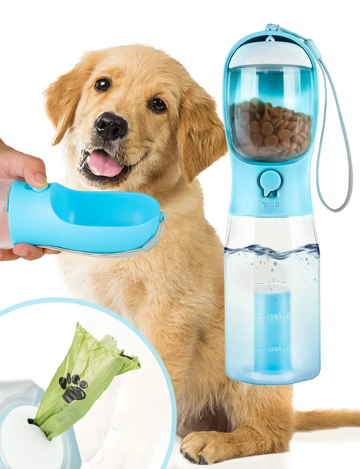 3-in-1 Portable Pet Water Bottle - 20oz Leak-Proof Container with Integrated Poop Bag Dispenser for Travel, Hiking, and Outdoor Activities