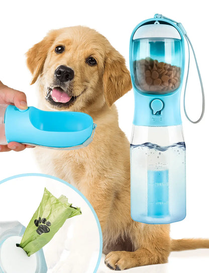 3-in-1 Portable Pet Water Bottle - 20oz Leak-Proof Container with Integrated Poop Bag Dispenser for Travel, Hiking, and Outdoor Activities