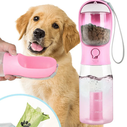 3-in-1 Portable Pet Water Bottle - 20oz Leak-Proof Container with Integrated Poop Bag Dispenser for Travel, Hiking, and Outdoor Activities