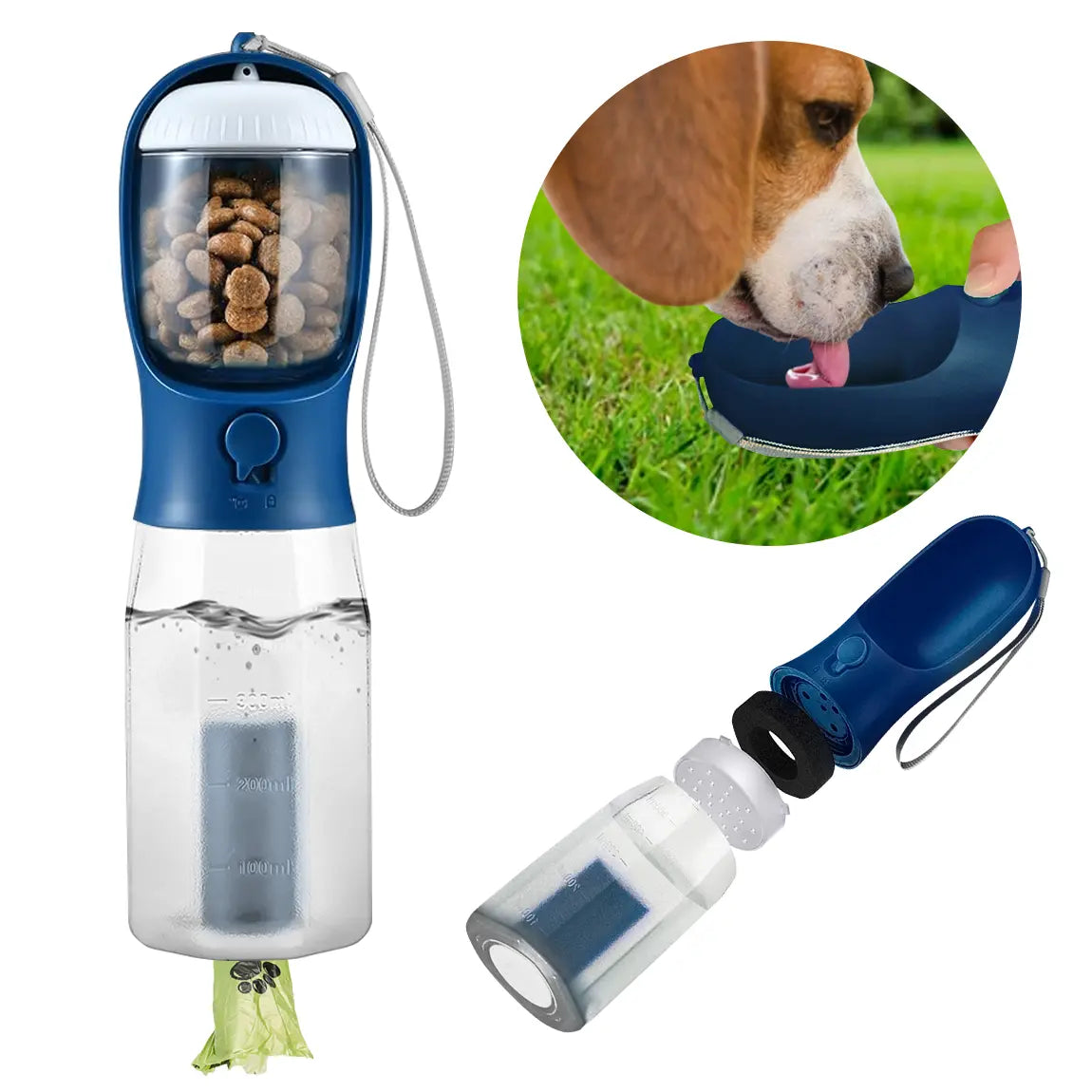 3-in-1 Portable Pet Water Bottle - 20oz Leak-Proof Container with Integrated Poop Bag Dispenser for Travel, Hiking, and Outdoor Activities