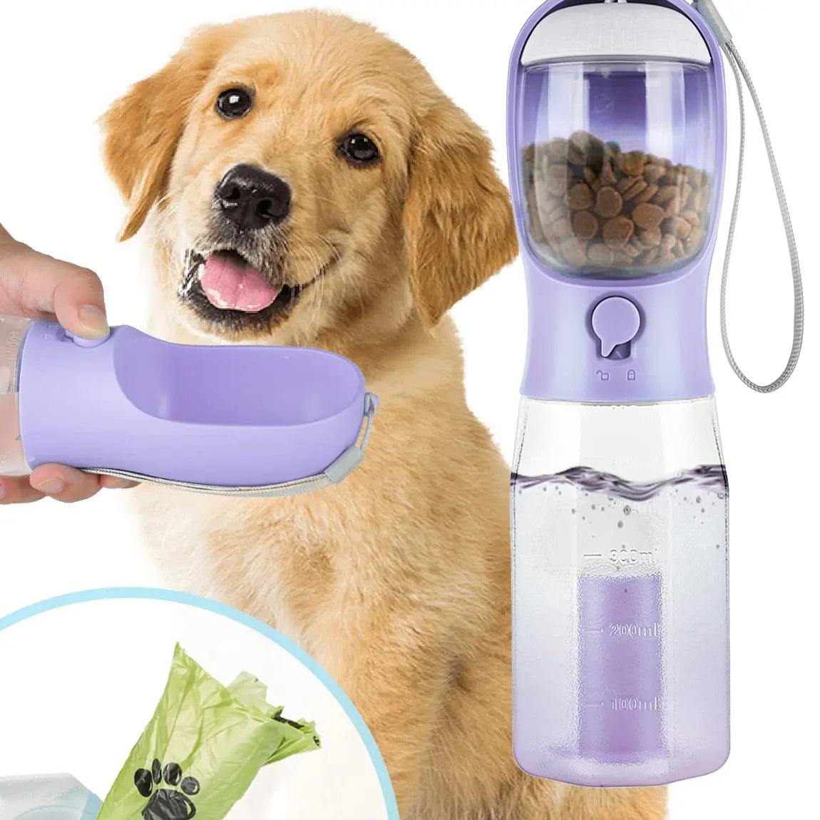 3-in-1 Portable Pet Water Bottle - 20oz Leak-Proof Container with Integrated Poop Bag Dispenser for Travel, Hiking, and Outdoor Activities