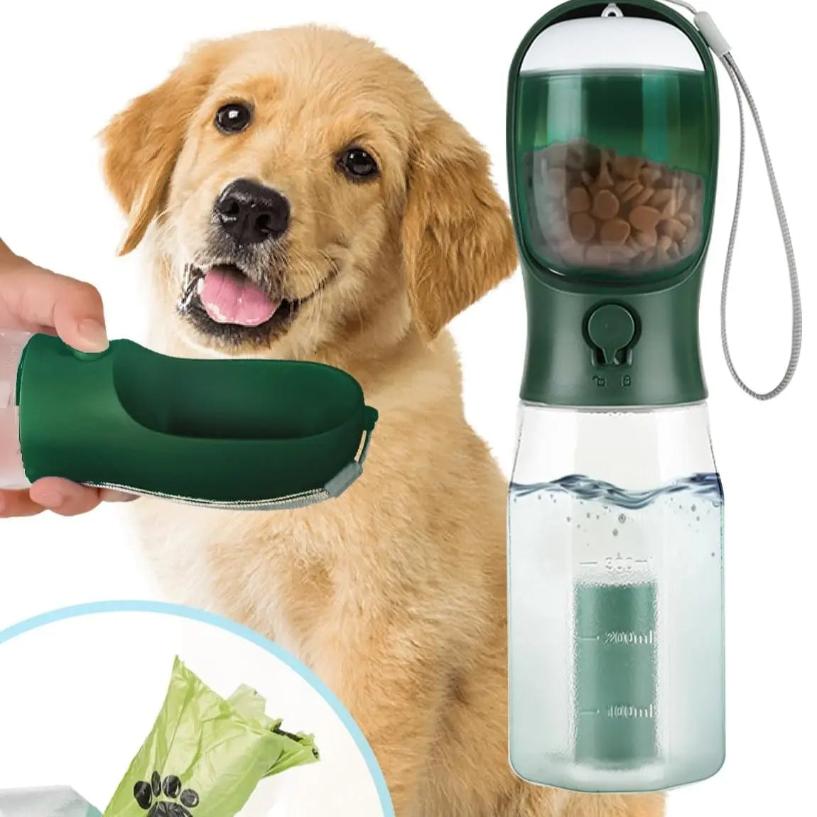 3-in-1 Portable Pet Water Bottle - 20oz Leak-Proof Container with Integrated Poop Bag Dispenser for Travel, Hiking, and Outdoor Activities