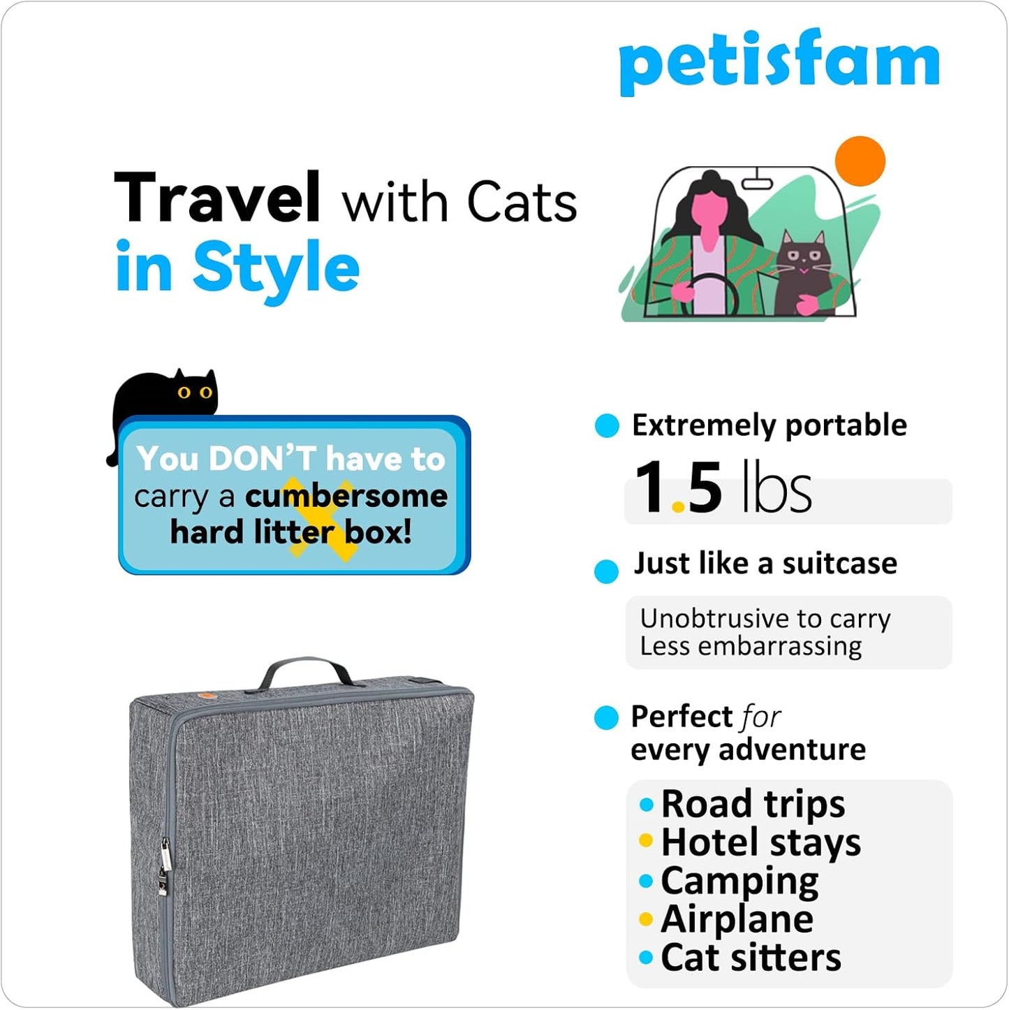 Portable Cat Travel Litter Box with Zipped Lid for Convenient and Clean Use in Cars, Hotels, and Airplanes